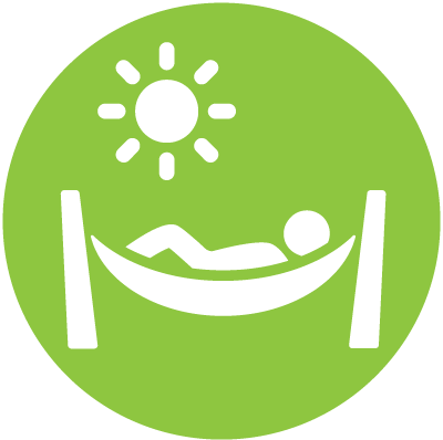 Green circle icon with person lounging in hammock under a sun in white to represent time off.
