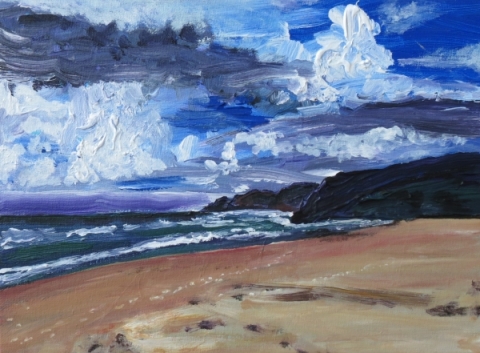 A painting of a beach. The sand covers the lower right of the image and fades from tan to rust red. The water fills the lower right of the image and is slate blue, with white lines indicating two breakers. Behind the beach, low greenish brown mountains rise. The top half of the image depicts sky, with rich, true blue and fluffy, highly textured white and gray clouds.