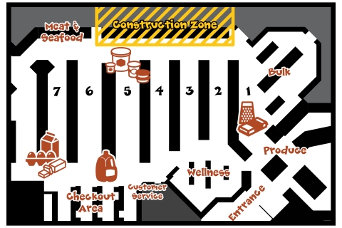 A map of the floor plan of the City Market Downtown store. It denotes that cheese will be in aisle 1, sour cream, cream cheese, cottage cheese and ricotta will be in aisle 5, creamer, eggs and butter will be in aisle 7, and milk will be in the front-of-store coolers near the registers.