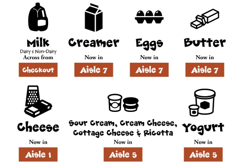 An array of icons picturing milk, creamer, eggs, butter, cheese, sour cream, cream cheese, cottage cheese, ricotta and yogurt.