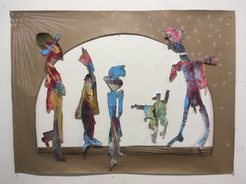 Five flat, abstract humanoid figures stand in front of a brown paper background. The background has a large white semicircle on it with the flat part down. The figures are multicolored. Four are tall and thin, but the second from the right is small and mostly green.