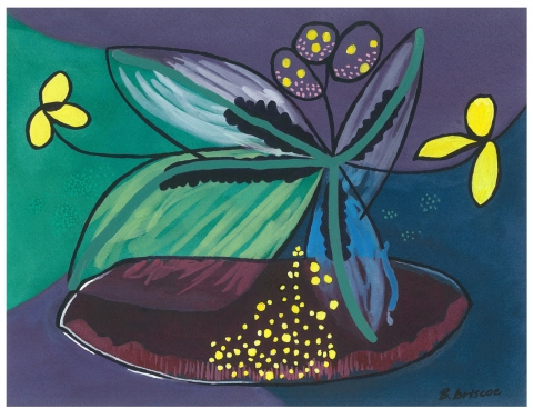 A painting with a deep blue and purple background that has a seedling with four irregular petas. The petals have highlights of white, green, blue, purple, and some black. Above the petals there are stamen, each having three yellow dots and a black circle. The seeding is emerging from brown dirt that also has yellow dots dispersed. 