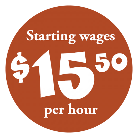A rust red circle with white text. The text reads "Starting Wages $15.50 per hour."