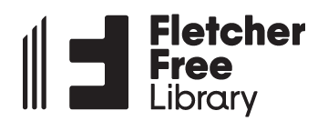 From the left, there are three black vertical lines of increasing height, followed by a backwards and upside down letter F. To the right, the words "Fletcher Free Library" are printed in black lettering on a gray background.