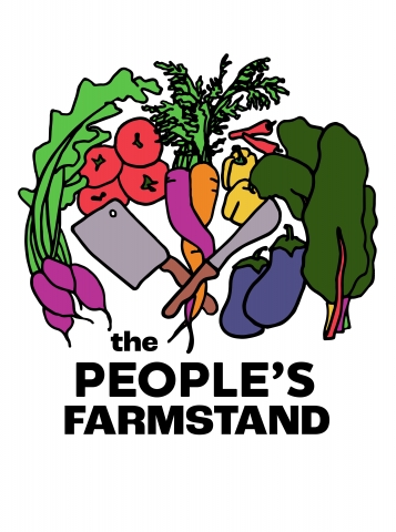 Drawings of beets, tomatoes, carrots, kale, peppers and eggplants are arrayed behind and above drawings of a cleaver and a knife. Below the drawings, the words "The People's Farmstand" are printed in black text on a white background.