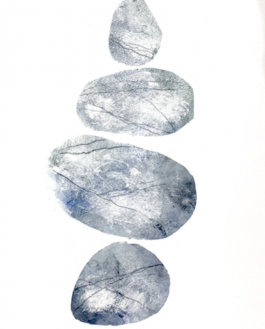 A piece of art depicting four silver-gray stones stacked on top of each other. The two middle stones are sider than those on the top and bottom. All have dark gray striations and are mottled with different shades of blue, gray and silver.