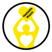 A yellow silhouette of a person with hands over their head. Their hands become a yellow heart with the words "Mahana Magic" printed on it in bold, black capital letters. The silhouette has a heart on its chest. The silhouette is surrounded by a black circle.