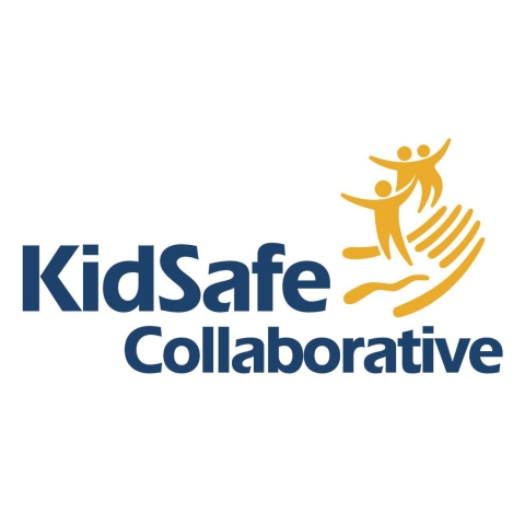 The words "KidSafe Collaborative" are printed in bold, dark blue letters. To the right of the words, a golden hand holds up three golden human silhouettes. The silhouettes all have their arms outstretched.