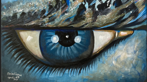 A painting featuring a large blue eye.