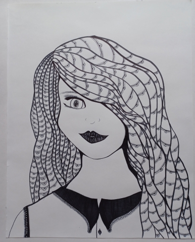 A pen drawing of a person from the shoulders up. The person's shirt is white with a solid black collar. The person has long hair parted on one side, featuring textured pen-strokes. Only one of the person's eyes is visible. It has clearly defined lashes and tilts up at the corner. The person has sharp cheekbones and full black lips tilted up at the corner in a quirky smile.