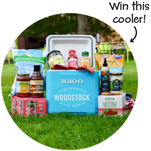 A blue insulated cooler with the Igloo and Woodstock Foods logos on the front. In and around the cooler are various packages of condiments, snacks, and beverages. The cooler sits outside on a sunny day on a grassy lawn and in the background is outdoor seating and trees.