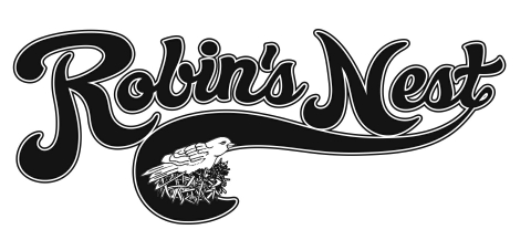 Robin's Nest logo in black font with a white robin in a nest under the letters. 