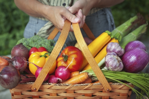 a set of hands hold a wooden basket full of colorful vegetables
