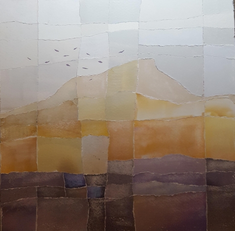 A collage made of uneven rectangles of watercolored paper in grays, yellows, reds, purples and pinks.