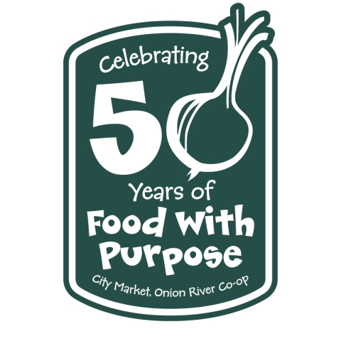 A dark green rectangle with a rounded top and bottom contains the words “Celebrating 50 Years of Food with Purpose” in white puffy font. The ‘0’ in the 50 consists of the illustration of an onion.
