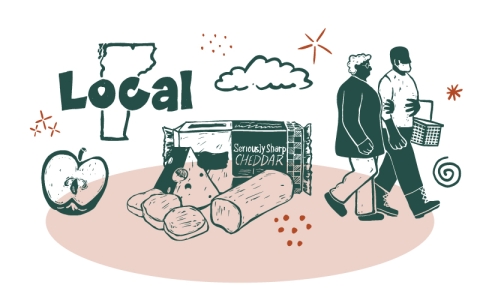 A rust red oval forms the base for a collection of dark green illustrations. At the top left, the first illustration has a silhouette of Vermont with the word “Local” in green puffy font on top of it. Below that is an apple, cut in half. At center is a collection of cheeses. To the right, an older couple walks arm in arm, holding a Co-op shopping basket.