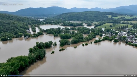Image taken from drone footage of flooding in Vermont in July of 2023. The footage was taken by UVM drone.