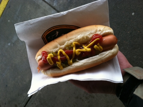 a hand holding a hot dog topped with ketchup and mustard