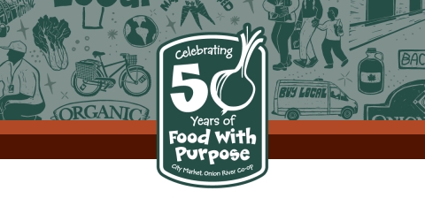 Dark green illustrations adorn a light green background. At the bottom of the drawings there are two thin monochrome bars of rust red and brown. On top of the drawing there is a dark green rectangle with a rounded top and bottom. The words "Celebrating 50 Years of Food with Purpose" are printed in white inside the rectangle. The "0" in the 50 consists of an onion.