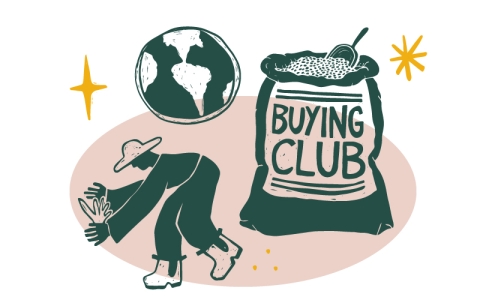 Green illustrations of a person weeding crops, a burlap sack labeled "Buying Club," and a globe are clustered over a light red oval.