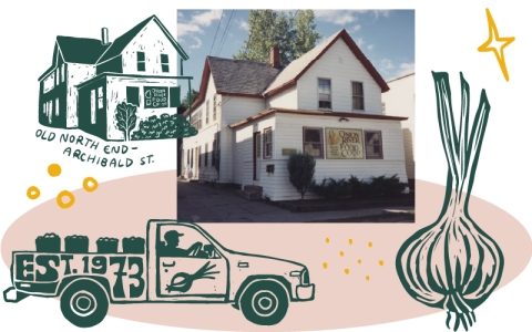 A green drawing of City Market's Archibald Street location next to a photograph of the same spot. Below, a drawing of a truck with "1973" drawn on the side and a drawing of an onion are clustered over a light red oval.