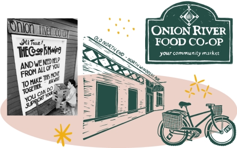 A black and white photo of a sign reading "The Co-op is Moving!" sits next to a green drawing of the North Winooski Avenue location of the Onion River Co-op. Above the storefront drawing is a drawing of the sign at the North Winooski location. It has a picture of an onion and reads "Onion River Cooperative." Below the sign there is a drawing of a bicycle. All are clustered over a light red circle.