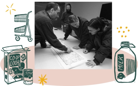 A black and white photo of four people clustered around a table, looking at blueprints. To the left of the photo, there is a drawing of a shopping cart and a drawing of a tall box labeled "Co-op Loops." To the right of the photo, there is a drawing of a glass milk jug.