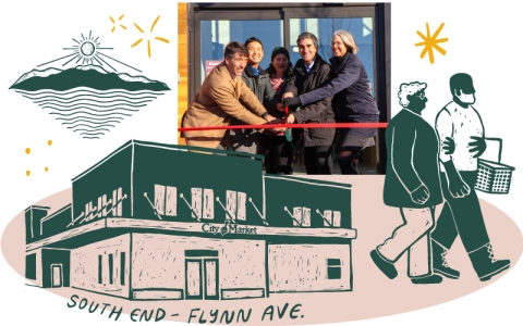 A photo of the City Market South End store with five people in front of it. The people are behind a long red ribbon. To the left of the photo is a green drawing of a stylized landscape of the lake. Below the photo, there is a green drawing of the South End City Market location. To the right of the photo, there is a green drawing of an elderly couple arm in arm walking out of the frame.