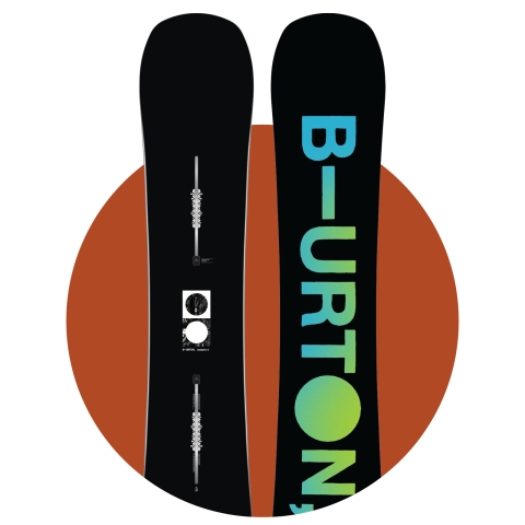 The top and bottom of a Burton snowboard in front of a rust red circle