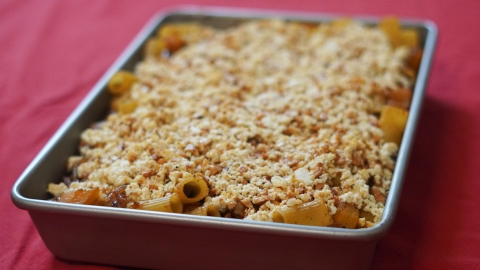 A sideways shot of the rigatoni with pumpkin, caramelized onion, and cashew ricotta. 