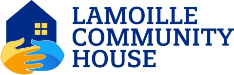 LCH Logo. Two hands, one yellow one blue, holding a blue house.