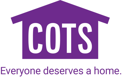 Purple house logo with white lettered COTS inside. Everyone deserves a home slogan below.