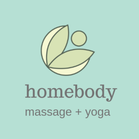 Blue square background with an abstract blooming flower above the business name: Homebody Massage and Yoga