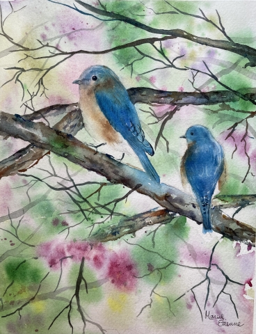 A water color painting with two blue birds on a branch in the forefront. In the background are brown branches. Behind the branches are a mix of yellow, green, and magenta