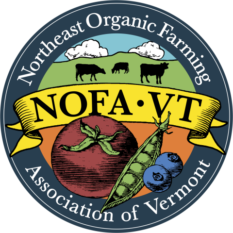 A blueish gray circular border with "Northeast Organic Farming" at the top and "Association of Vermont" at the bottom. In the middle is a yellow ribbon that says NOFA VT. Above that, in the top half, are silhouettes of 3 cows in a green field, with two clouds in a teal sky behind it. The bottom half shows a tomato, a peapod, and two blueberries on an orange background.