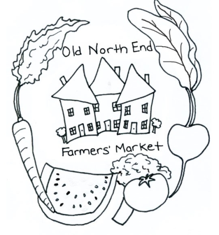 A carrot, watermelon, brocolli head, tomato, and beet form and almost full circle around an image of 3 houses. The produce is white with black borders. Above the houses it says "Old North End" and below it says "Farmers Market"