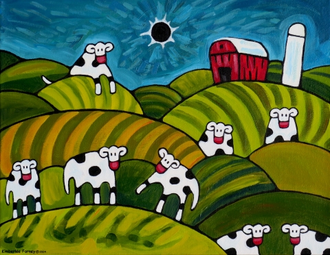 Cows on hills during the solar eclipse. There are 5 cows in the forefront of the image, two in the middle, and one closer to the top left. In the top right is a red barn and silo. The top third of the image is a turquoise sky. In the middle of the top of the image is a black sun surrounded by white beams, like a solar eclipse