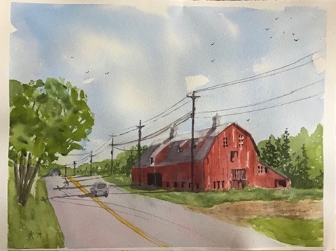 A watercolor painting. In the forefront of the image is a road with a car driving along it. Near the car, on the right side of the painting, is a red barn, surrounded by green grass and trees. There are power wires stretching from the forefront to the back of the painting, above the barn. On the left side of the painting is a tree and stretch of grass. The upper third of the painting and backdrop is a light blue sky.