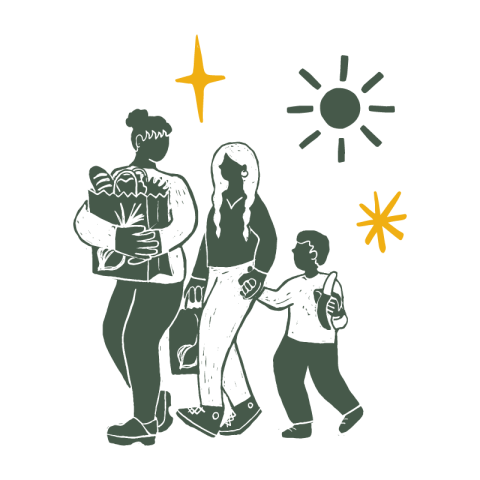 A dark green illustration of a group of three people walking towards the left of the frame. The person farthest to the left is tallest. She has a bun and carries a bag of groceries. The middle person is of middle height. She has two long braids and carries a grocery bag in her right hand. Her left hand is holding hands with the third person. He is a smaller child and carries a half-peeled banana. There are a green sun and two yellow stars in the upper right of the illustration.