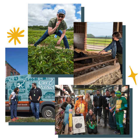 Four photos slightly overlap with illustrations of bright yellow stars on either side of them. The first is of a man in a trucker cap in a field eating a strawberry. The second is of a woman in a barn touching a cow’s nose. The third is of a pair of people sharing a joke in front of a City Market van. The fourth is of the Downtown City Market grocery department dressed as cartoon characters for Halloween.