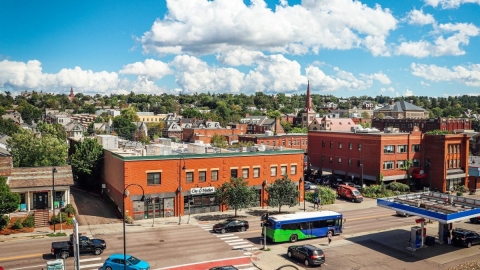 Summer aerial view of City Market's downtown store on a sunny day
