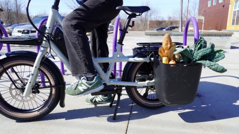 Person sits on an ebike with a basket of groceries