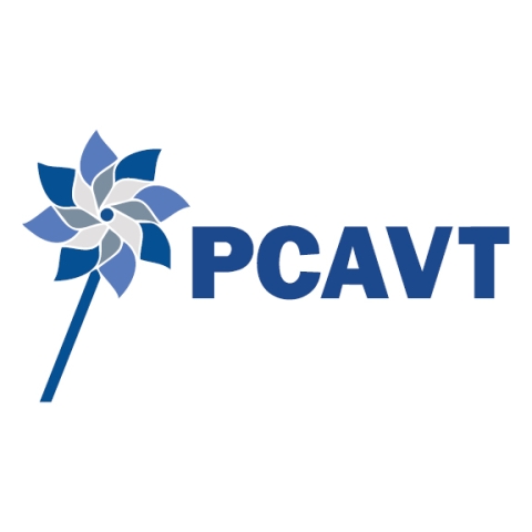 The logo for Prevent Child Abuse Vermont with a blue pinwheel on the left and PCAVT in blue on right