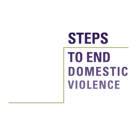 A logo with the words Steps to End Domestic Violence stacked and in purple lettering. A thin green line drawing of a step intersects the words.