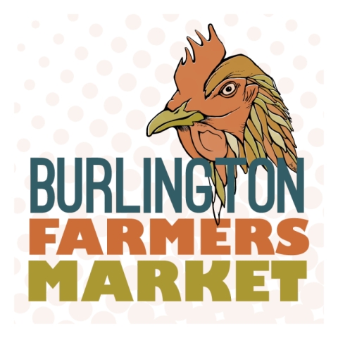 A logo with earthtone colors and the words Burlington Farmers Market stacked in three rows and a drawing of a chicken head in the top right corner.