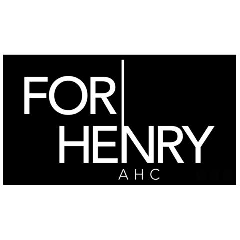 A logo with white lettering over a black rectangle. The words For Henry AHC are stocked in 3 rows and stylized with a vertical line extending from the left of the letter N in Henry.