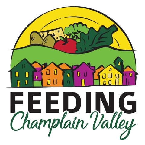 A colorful logo with the words Feeding Champlain Valley in 2 rows and a drawing of a city landscape with buildings, mountains, and grocery items rising up from behind.