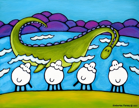 Four sheep standing on grass looking at a green Champ the lake monster. 