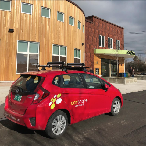 CarShare Vermont car in front of City Market South End store