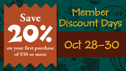 member discount days - save 20% off your first purchase of $50 or more Oct 28-30